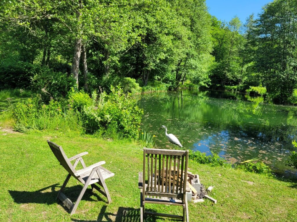 Sièges installés au bord de l'étang du gîte de Liresse